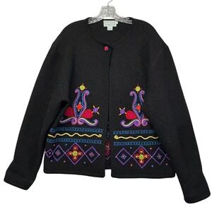Doncaster Sport Women's Embroidered Wool Cardigan Colorful Button Up Sweater LG